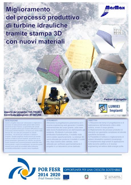 Poster del progetto di ricerca "Miglioramento del processo produttivo di turbine idrauliche tramite stampa 3D con nuovi materiali"